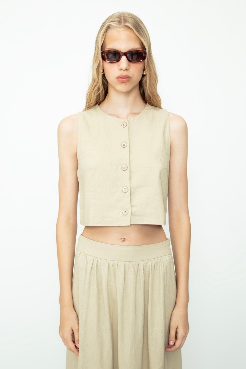 Gaiia Dark Beige Linen Blend Vest - Beige - GAIIA